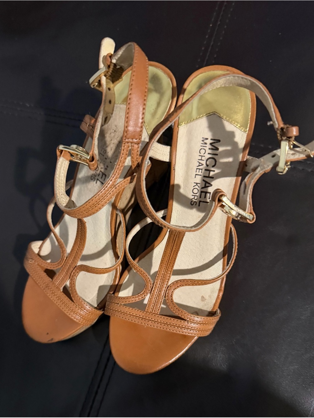 MICHAEL KORS Cognac Leather Strappy Heels with Gold Buckles